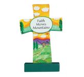 Wooden Message Cross: Faith Moves Mountains 3 1/2''